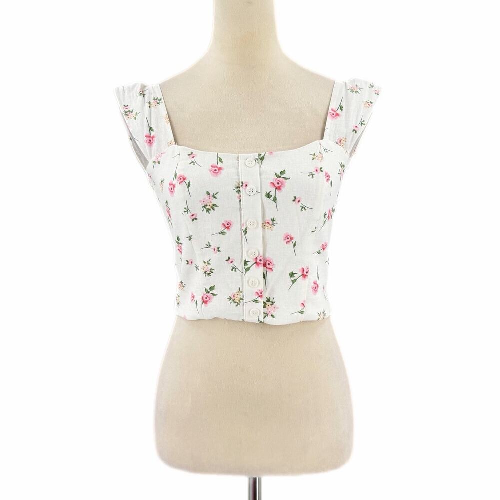Joie White Floral Linen Blend Feminine Girly Cute Romantic Coquette Crop Top
